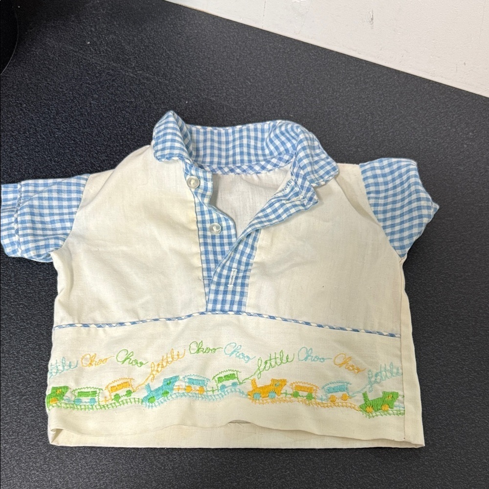 Blue and White Kids Shirt with Train Embroidery